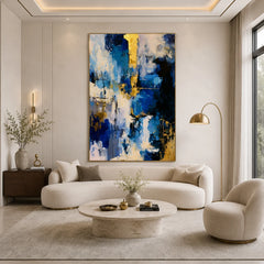 Deep Blue Gold and Ivory Modern Abstract Textured Oil Painting | Luxury Palette Knife Wall Art #OA 1146