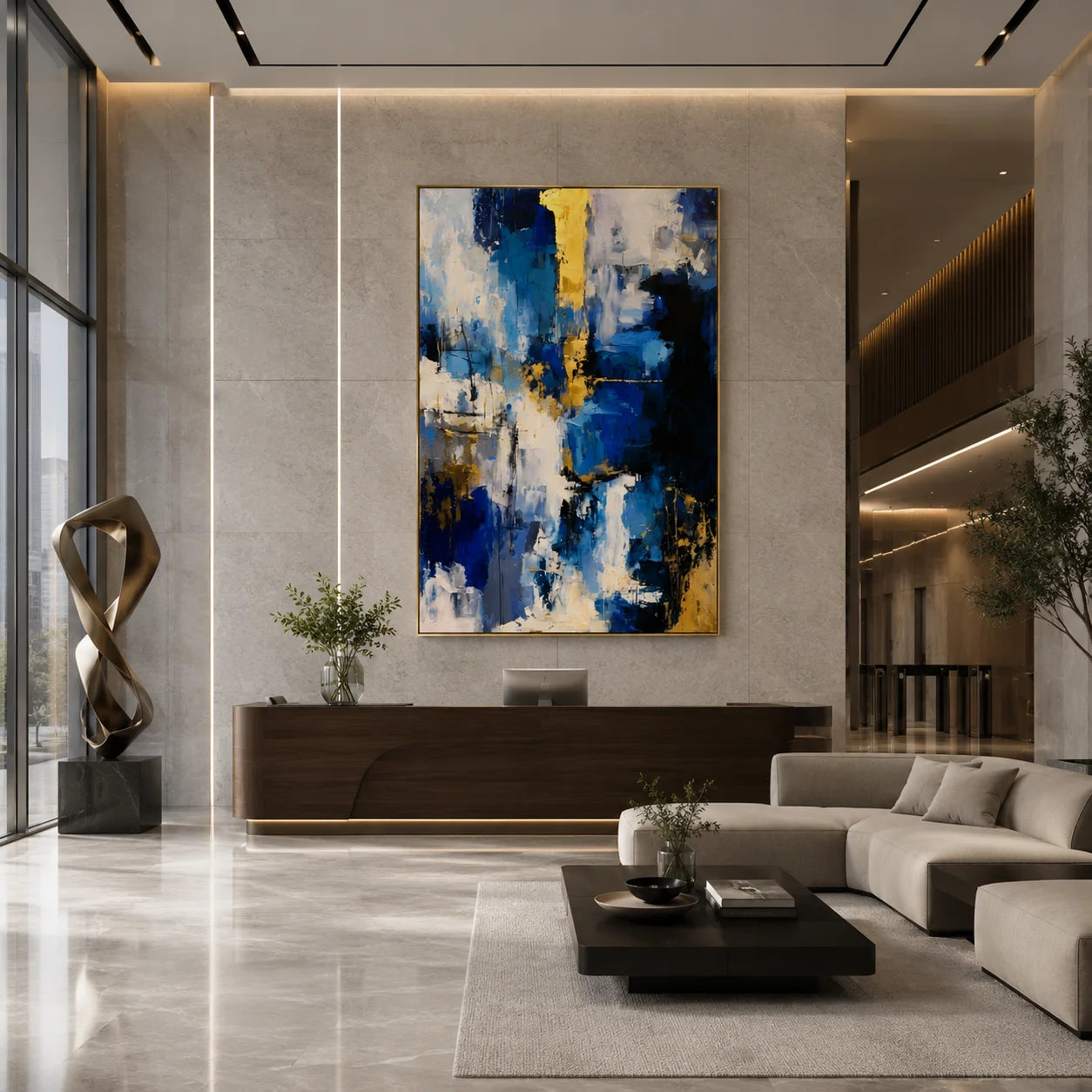 Deep Blue Gold and Ivory Modern Abstract Textured Hand-Painted Oil Painting | Luxury Palette Knife Wall Art for Living Room, Bedroom and Entryway