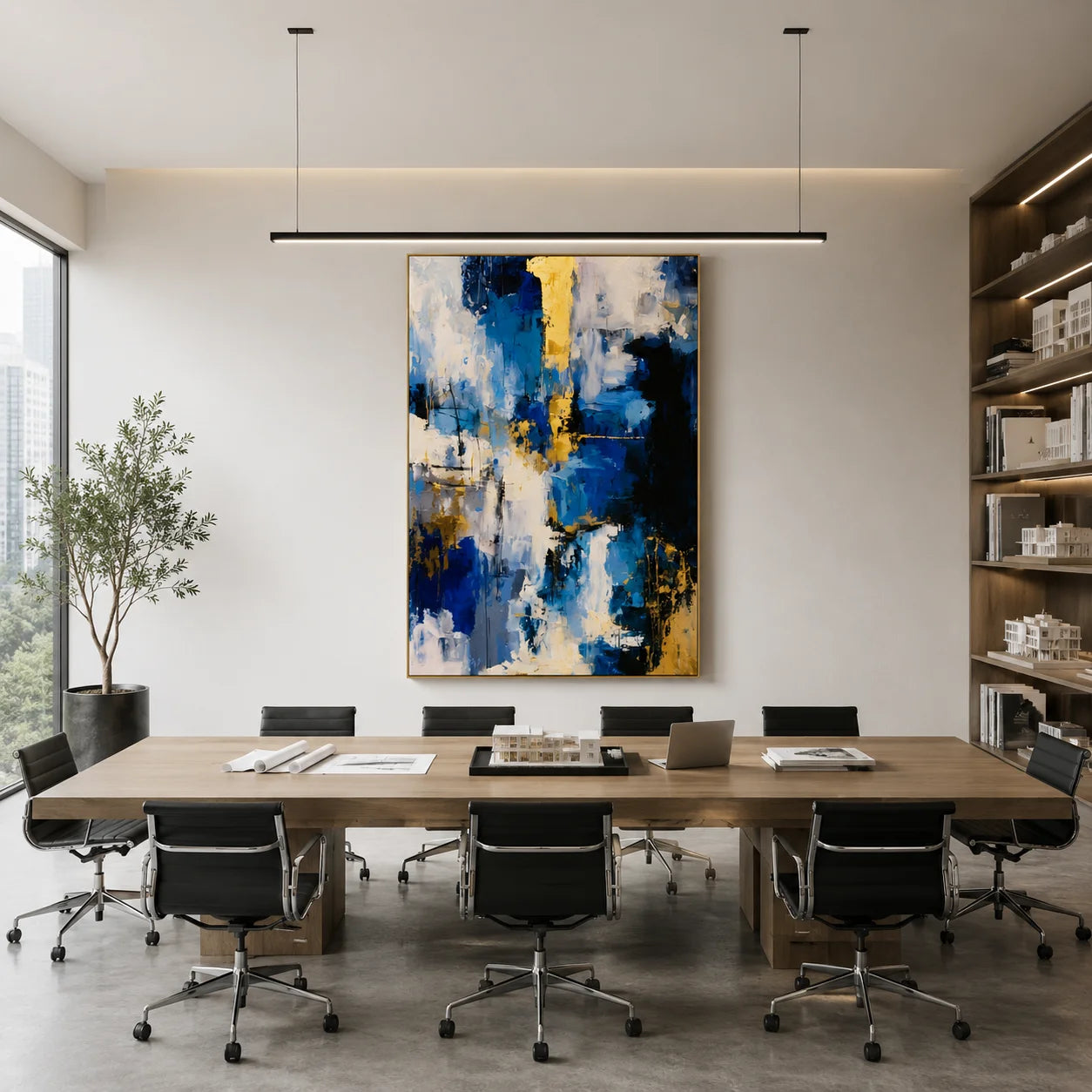 Deep Blue Gold and Ivory Modern Abstract Textured Hand-Painted Oil Painting | Luxury Palette Knife Wall Art for Living Room, Bedroom and Entryway