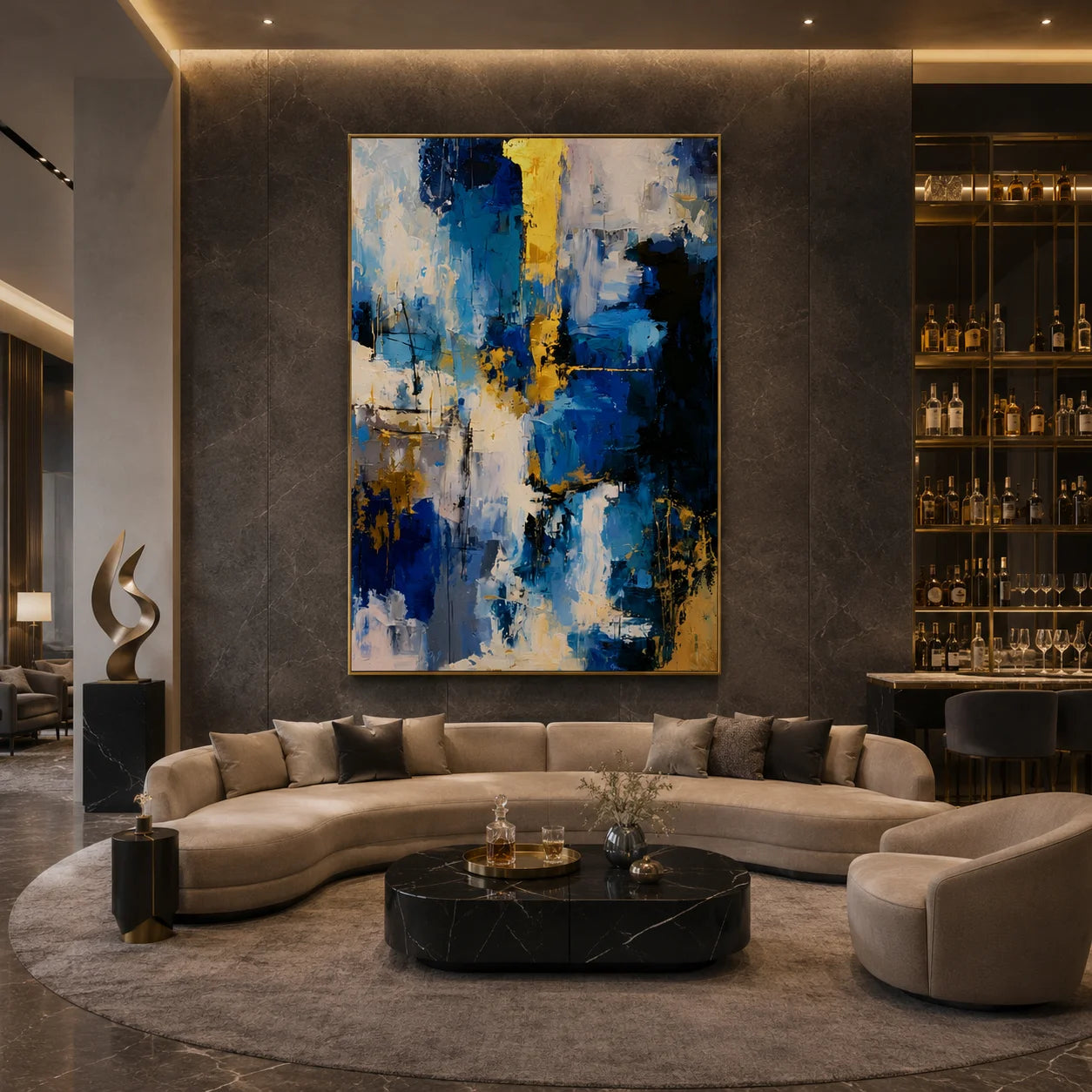 Deep Blue Gold and Ivory Modern Abstract Textured Hand-Painted Oil Painting | Luxury Palette Knife Wall Art for Living Room, Bedroom and Entryway