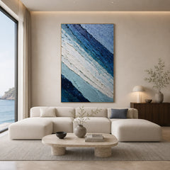 Deep Blue and Glacier White Abstract Mountain Wave Hand-Painted Oil Painting | Textured Layered Landscape Wall Art for Modern Interiors # OA 1142