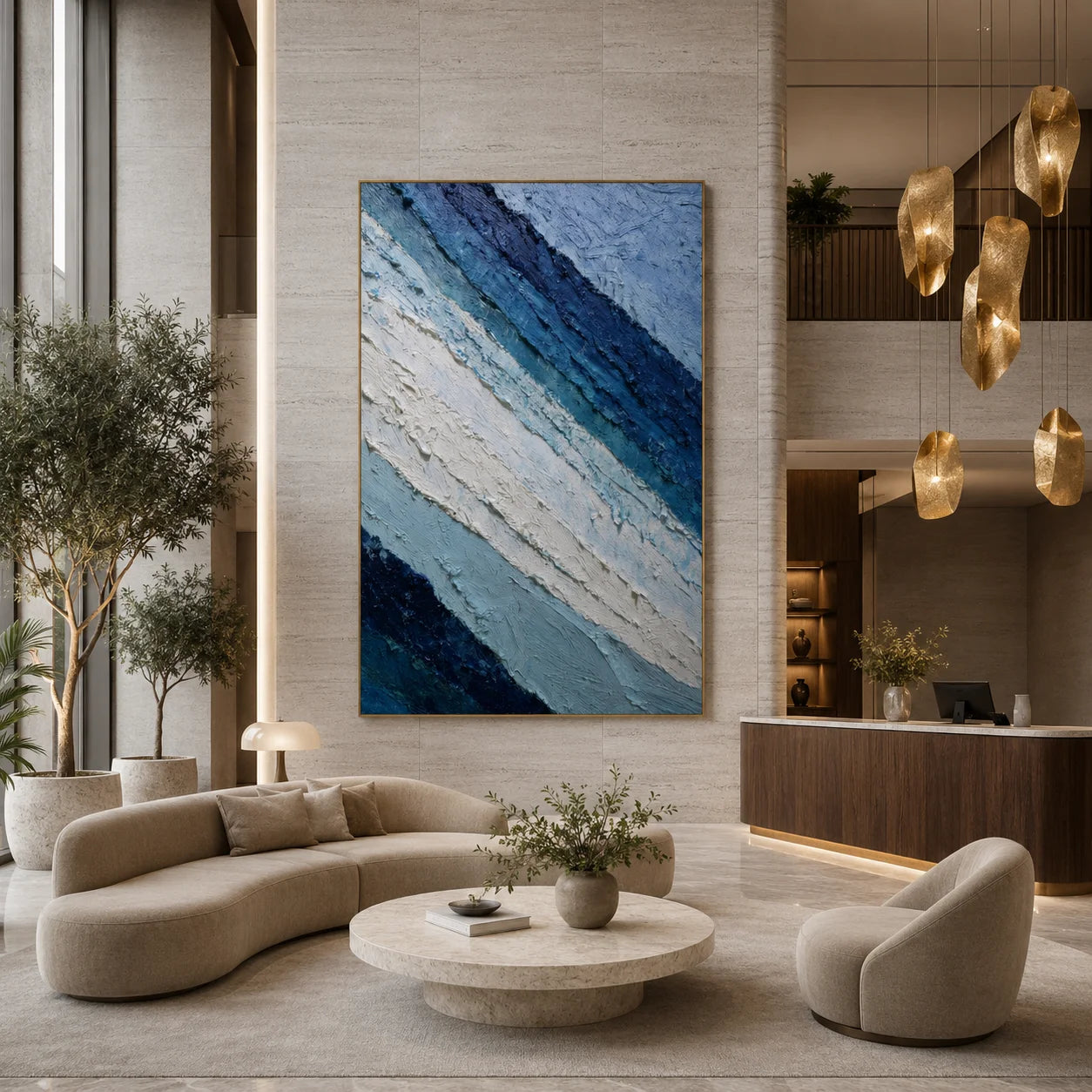 Deep Blue and Glacier White Abstract Mountain Wave Hand-Painted Oil Painting | Textured Layered Landscape Wall Art for Modern Interiors