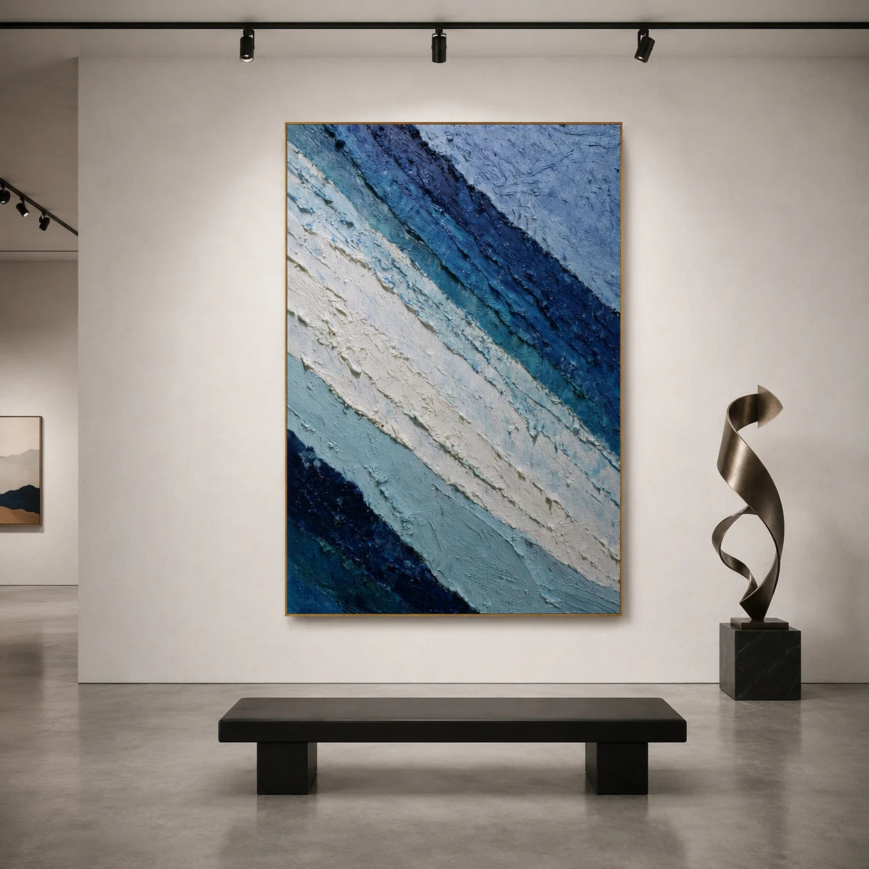 Deep Blue and Glacier White Abstract Mountain Wave Hand-Painted Oil Painting | Textured Layered Landscape Wall Art for Modern Interiors