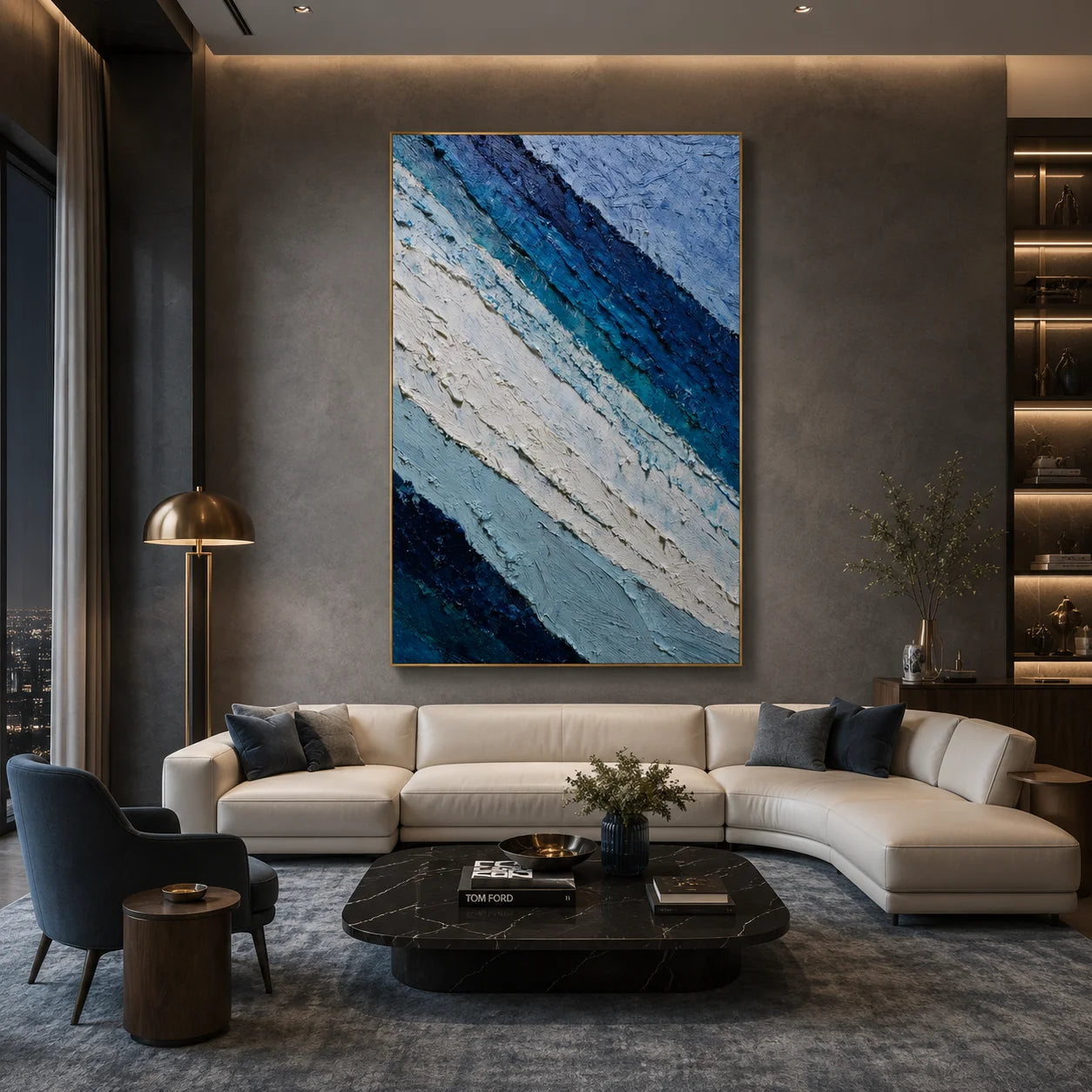 Deep Blue and Glacier White Abstract Mountain Wave Hand-Painted Oil Painting | Textured Layered Landscape Wall Art for Modern Interiors