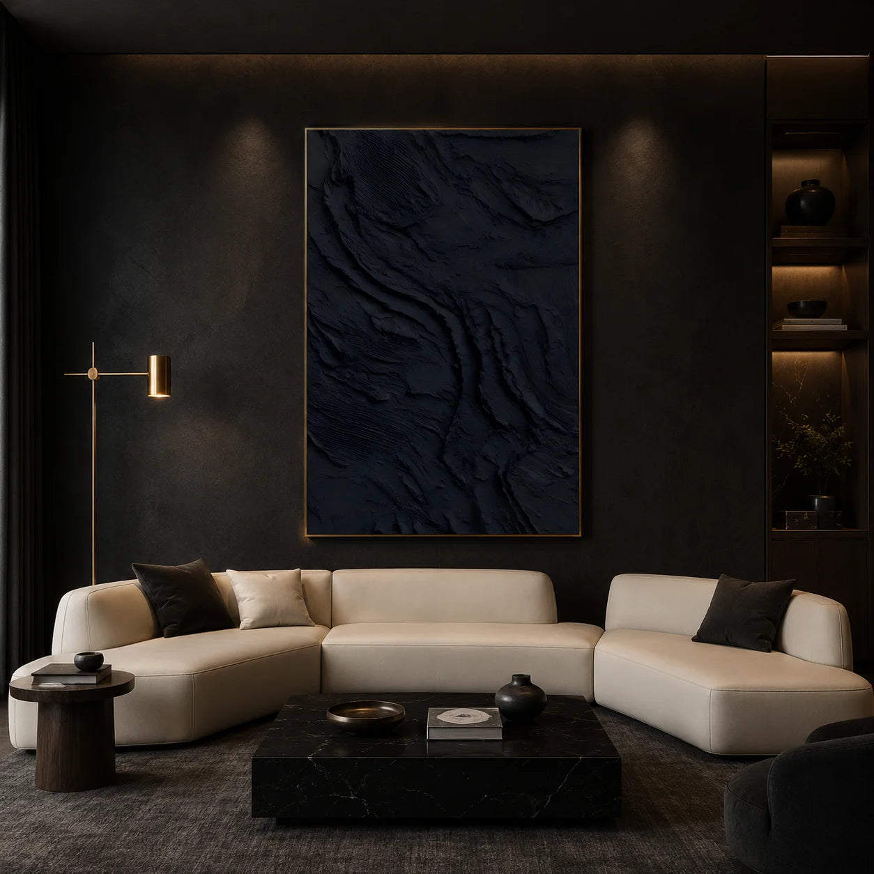 Deep Navy Minimalist Abstract Textured Hand-Painted Oil Painting | Modern Relief Wall Art for Living Room, Bedroom and Entryway