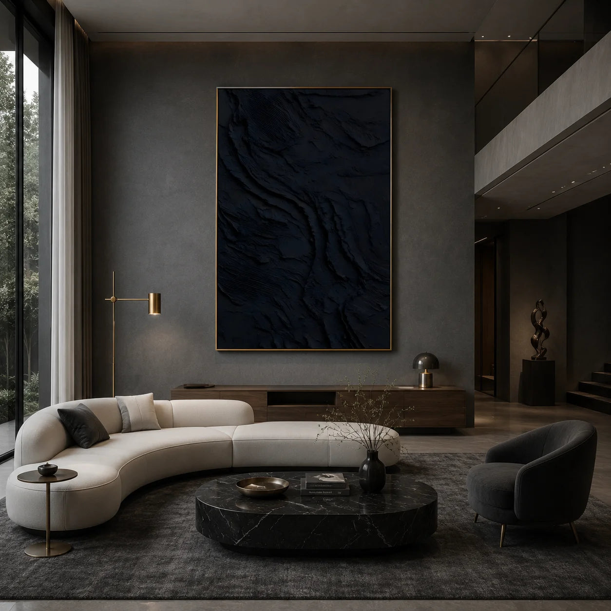 Deep Navy Minimalist Abstract Textured Hand-Painted Oil Painting | Modern Relief Wall Art for Living Room, Bedroom and Entryway