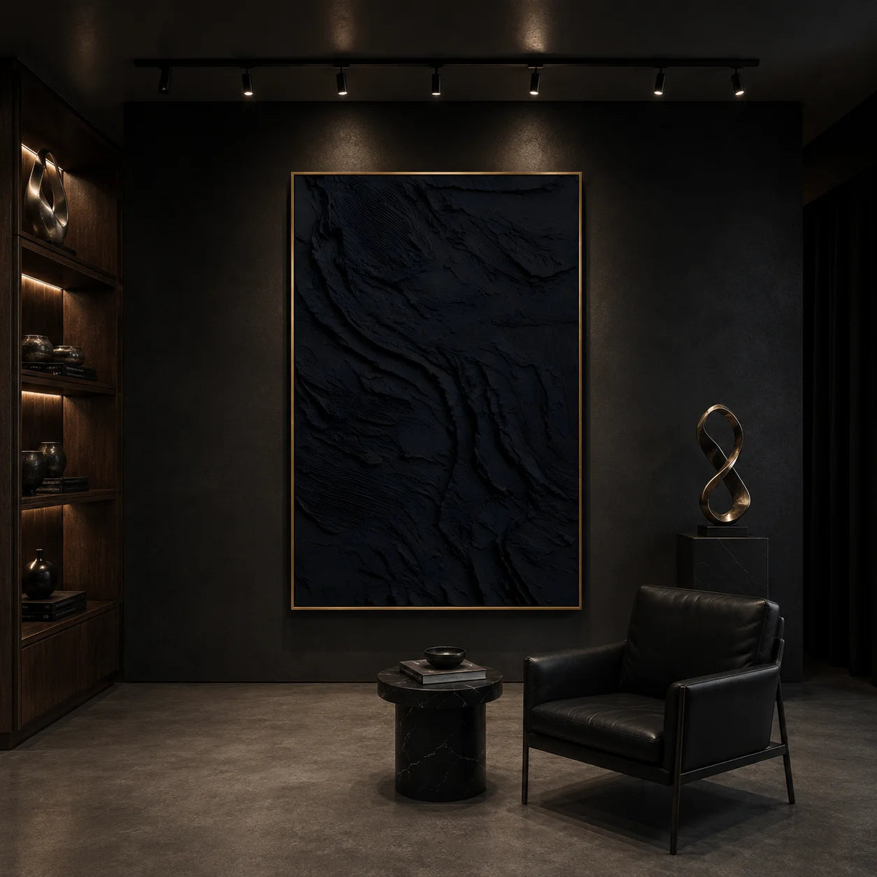 Deep Navy Minimalist Abstract Textured Hand-Painted Oil Painting | Modern Relief Wall Art for Living Room, Bedroom and Entryway