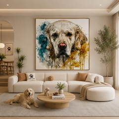 Blue and Gold Golden Retriever Portrait Hand-Painted Oil Painting | Modern Dog Wall Art for Living Room and Bedroom # OA 1112