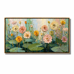 Floral Hand-Painted Oil Painting, Textured Flower and Lotus Leaf Wall Art for Modern Home Decor#OA 0960