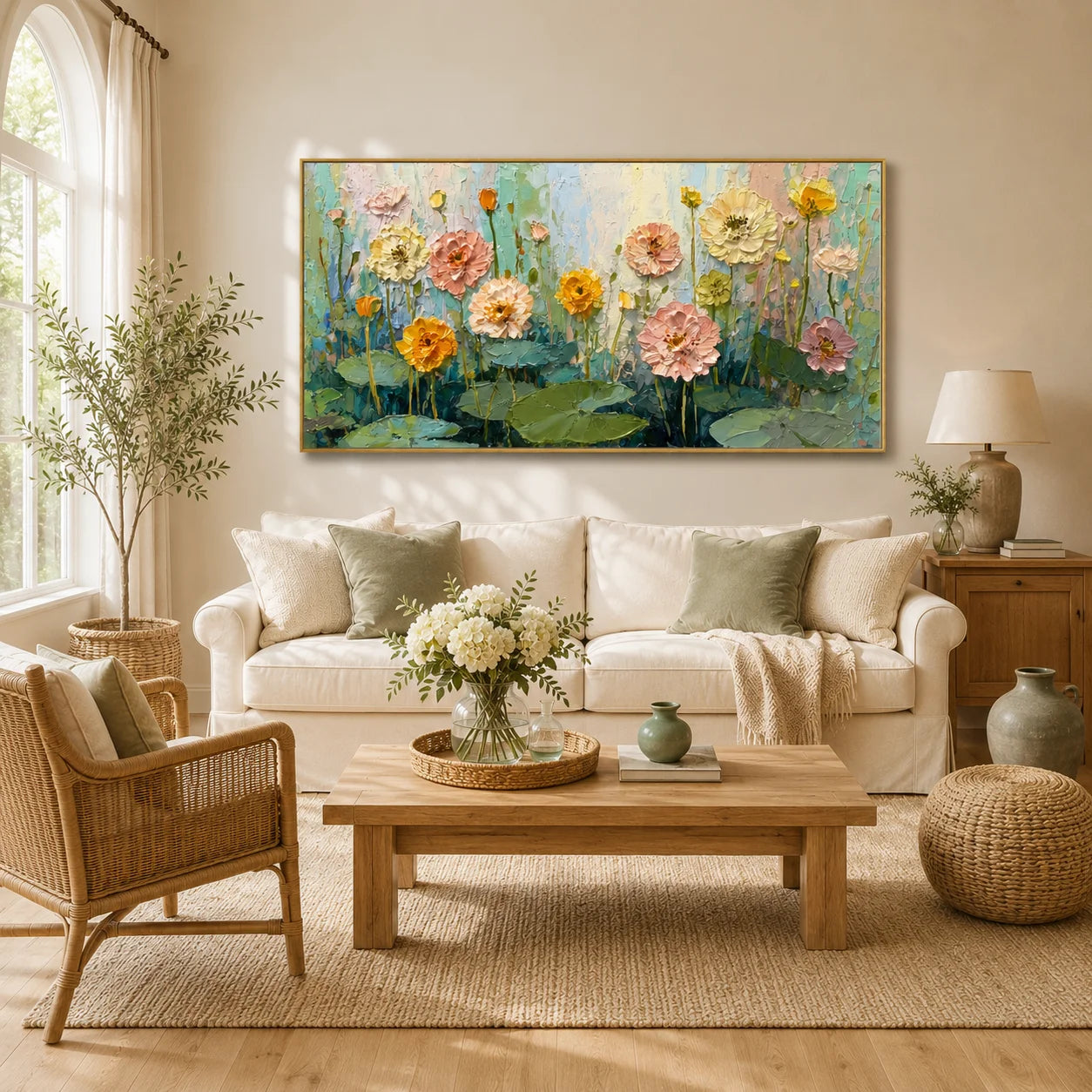 Floral Hand-Painted Oil Painting, Textured Flower and Lotus Leaf Wall Art for Modern Home Decor#OA 0960