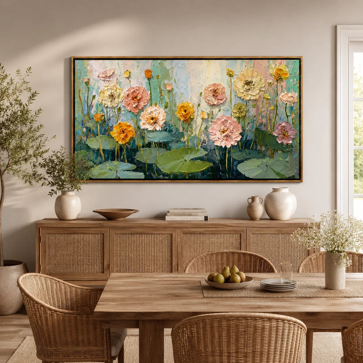 Floral Hand-Painted Oil Painting, Textured Flower and Lotus Leaf Wall Art for Modern Home Decor#OA 0960