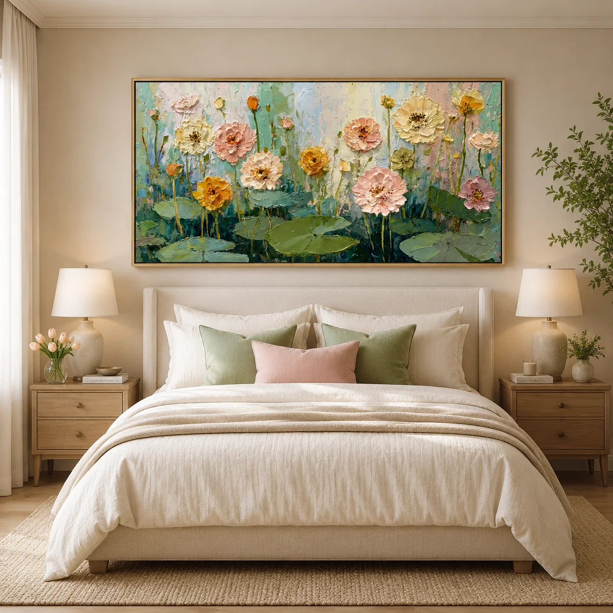 Floral Hand-Painted Oil Painting, Textured Flower and Lotus Leaf Wall Art for Modern Home Decor#OA 0960