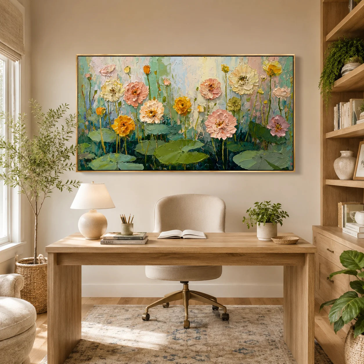 Floral Hand-Painted Oil Painting, Textured Flower and Lotus Leaf Wall Art for Modern Home Decor#OA 0960