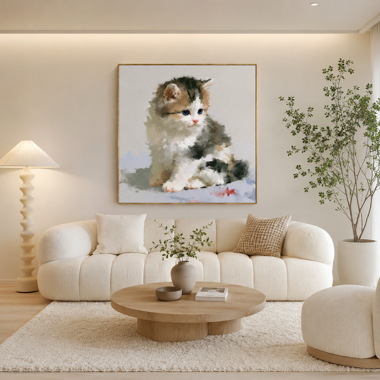Fluffy Blue-Eyed Kitten Hand-Painted Oil Painting – Cute Cat Wall Art # OA 1109