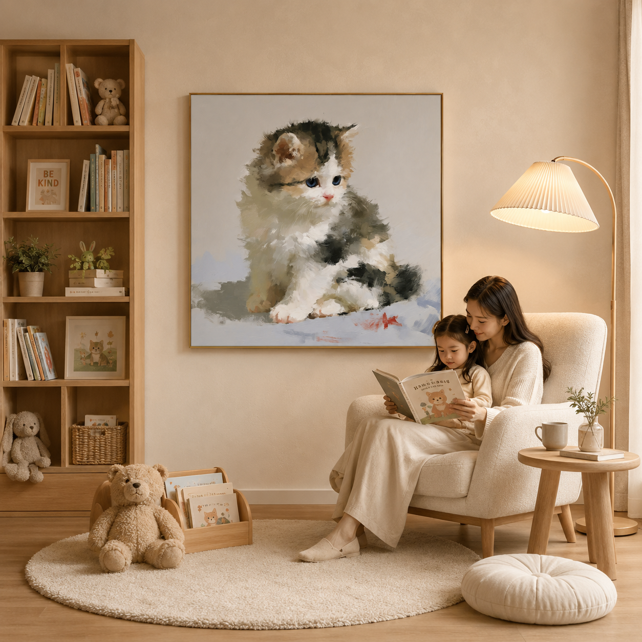 Fluffy Blue-Eyed Kitten Hand-Painted Oil Painting – Cute Cat Wall Art # OA 1109