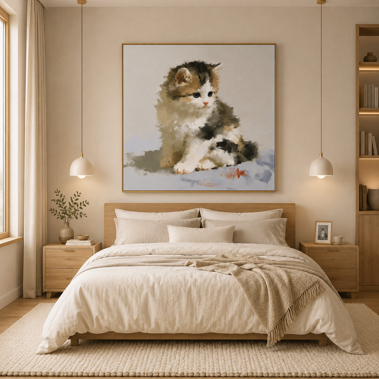 Fluffy Blue-Eyed Kitten Hand-Painted Oil Painting – Cute Cat Wall Art # OA 1109