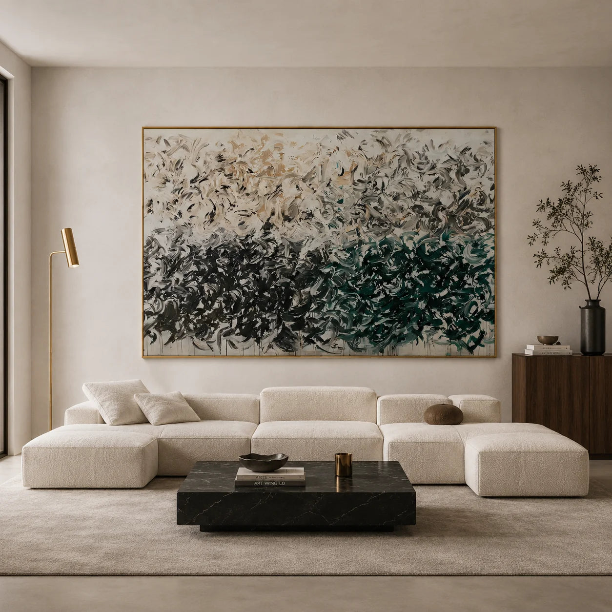 Green Black Abstract Hand-Painted Oil Painting, Modern Textured Brushstroke Wall Art # OA 1045