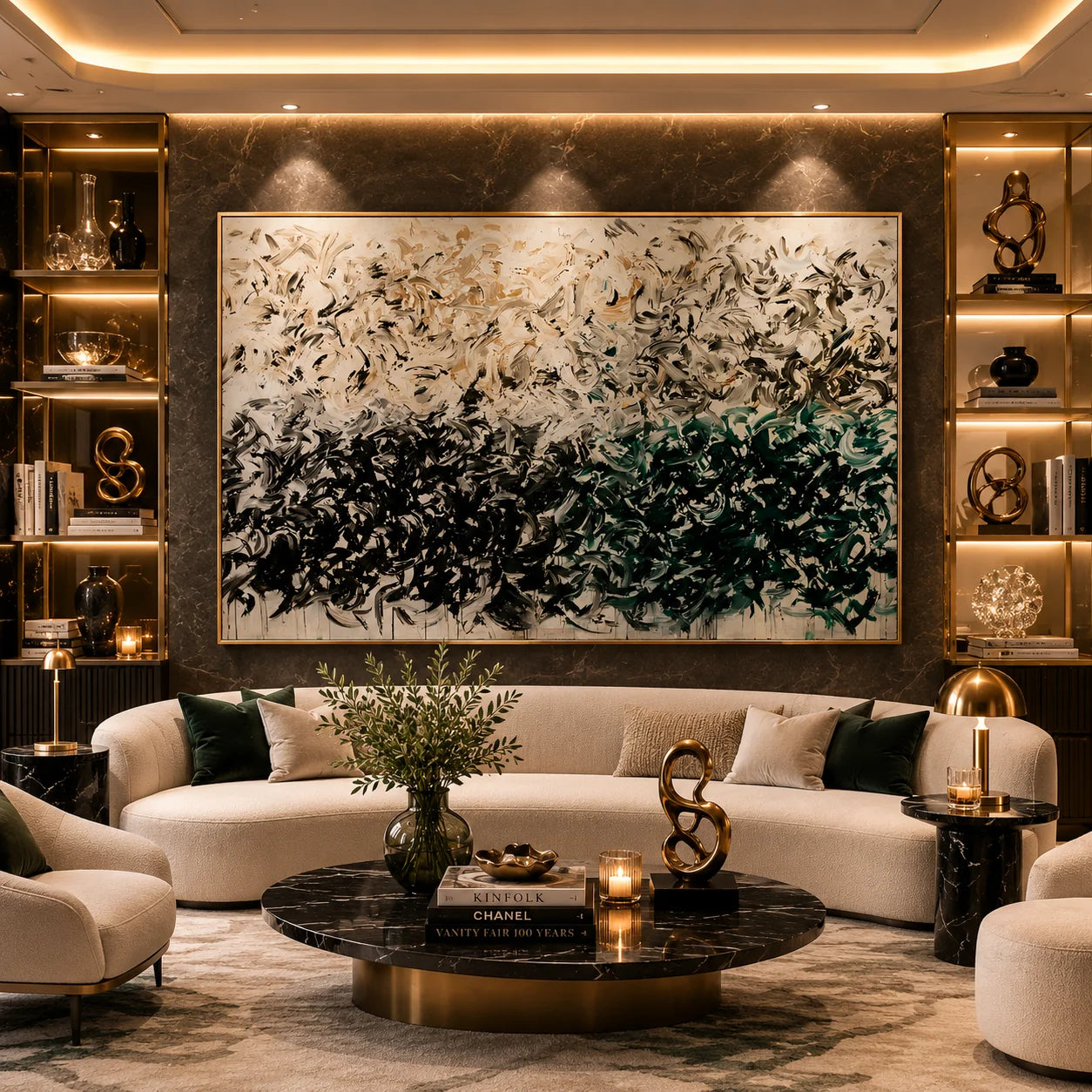 Green Black Abstract Hand-Painted Oil Painting, Modern Textured Brushstroke Wall Art # OA 1045