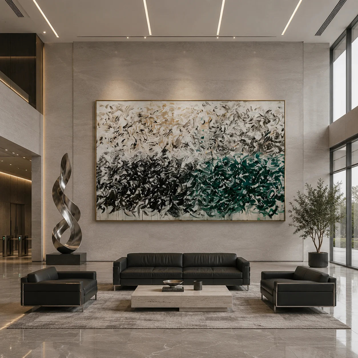 Green Black Abstract Hand-Painted Oil Painting, Modern Textured Brushstroke Wall Art # OA 1045