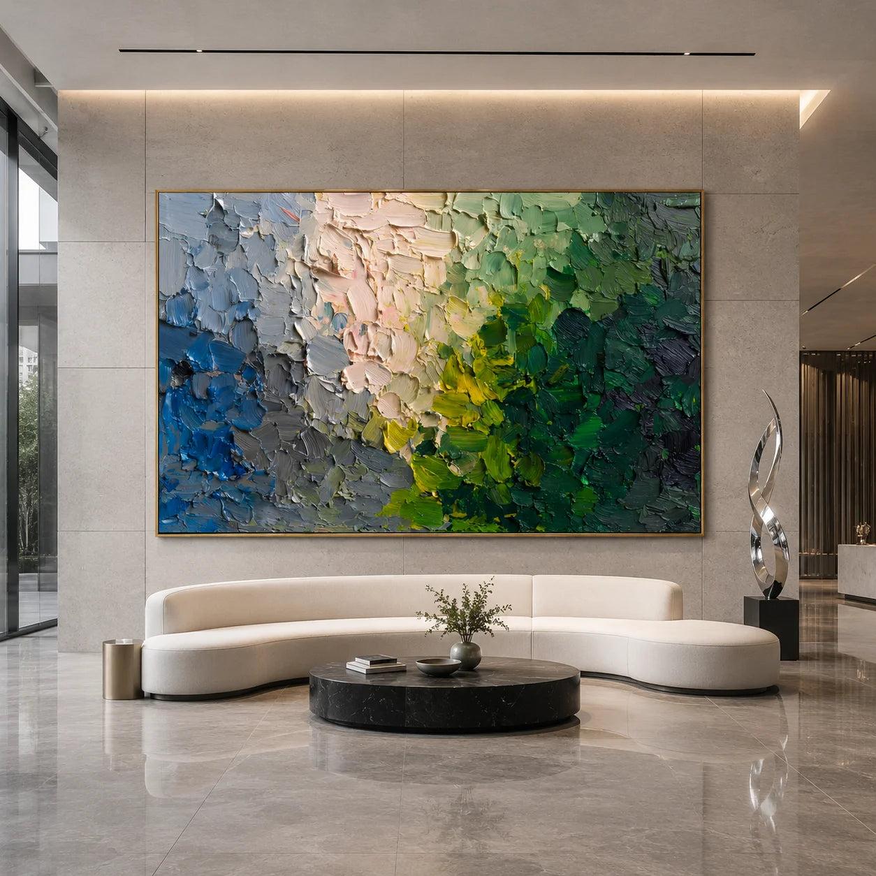 Green Blue Abstract Hand-Painted Oil Painting, Modern Textured Impasto Wall Art # OA 1047