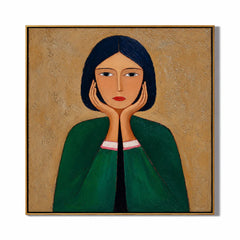 Green Cloak Girl Portrait Hand-Painted Oil Painting | Modern Abstract Figurative Wall Art with Textured Vintage Style #OA 1015