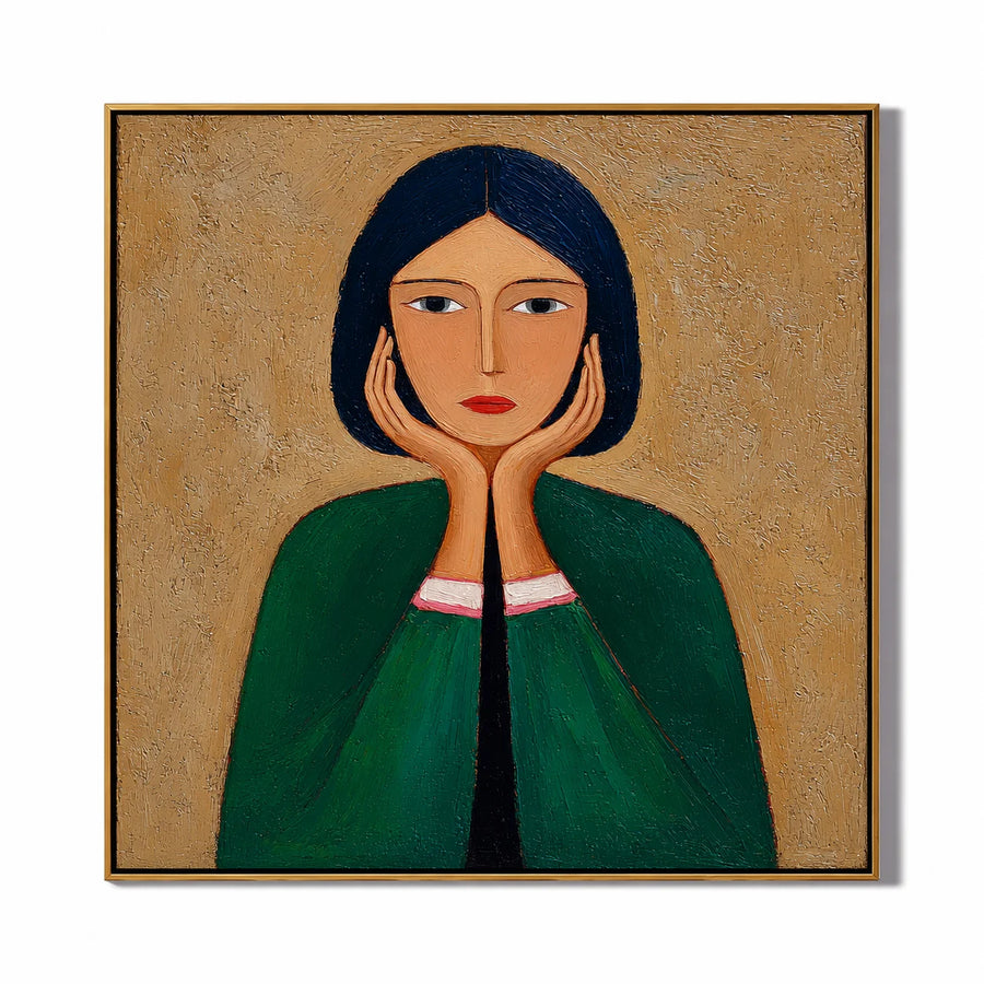 Green Cloak Girl Portrait Hand-Painted Oil Painting | Modern Abstract Figurative Wall Art with Textured Vintage Style #OA 1015