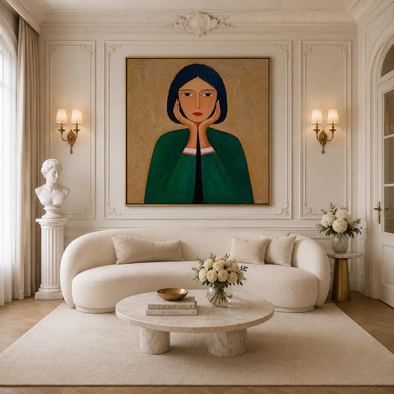 Green Cloak Girl Portrait Hand-Painted Oil Painting | Modern Abstract Figurative Wall Art with Textured Vintage Style #OA 1015