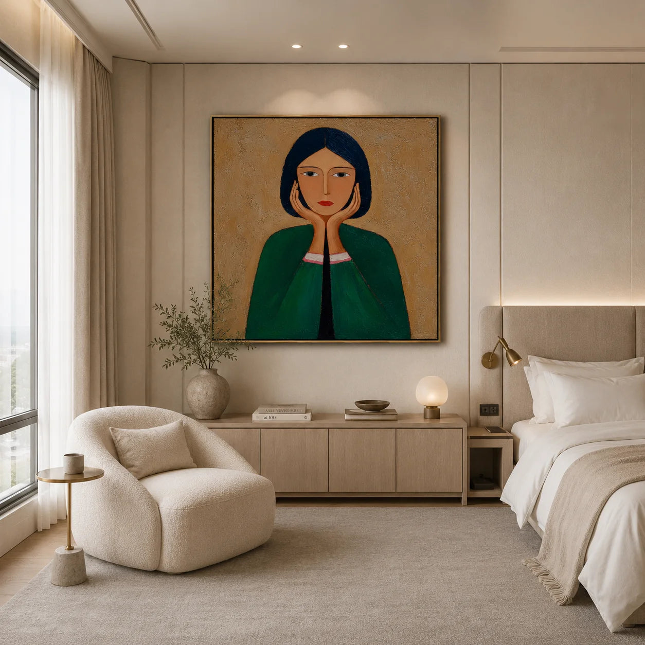 Green Cloak Girl Portrait Hand-Painted Oil Painting | Modern Abstract Figurative Wall Art with Textured Vintage Style #OA 1015