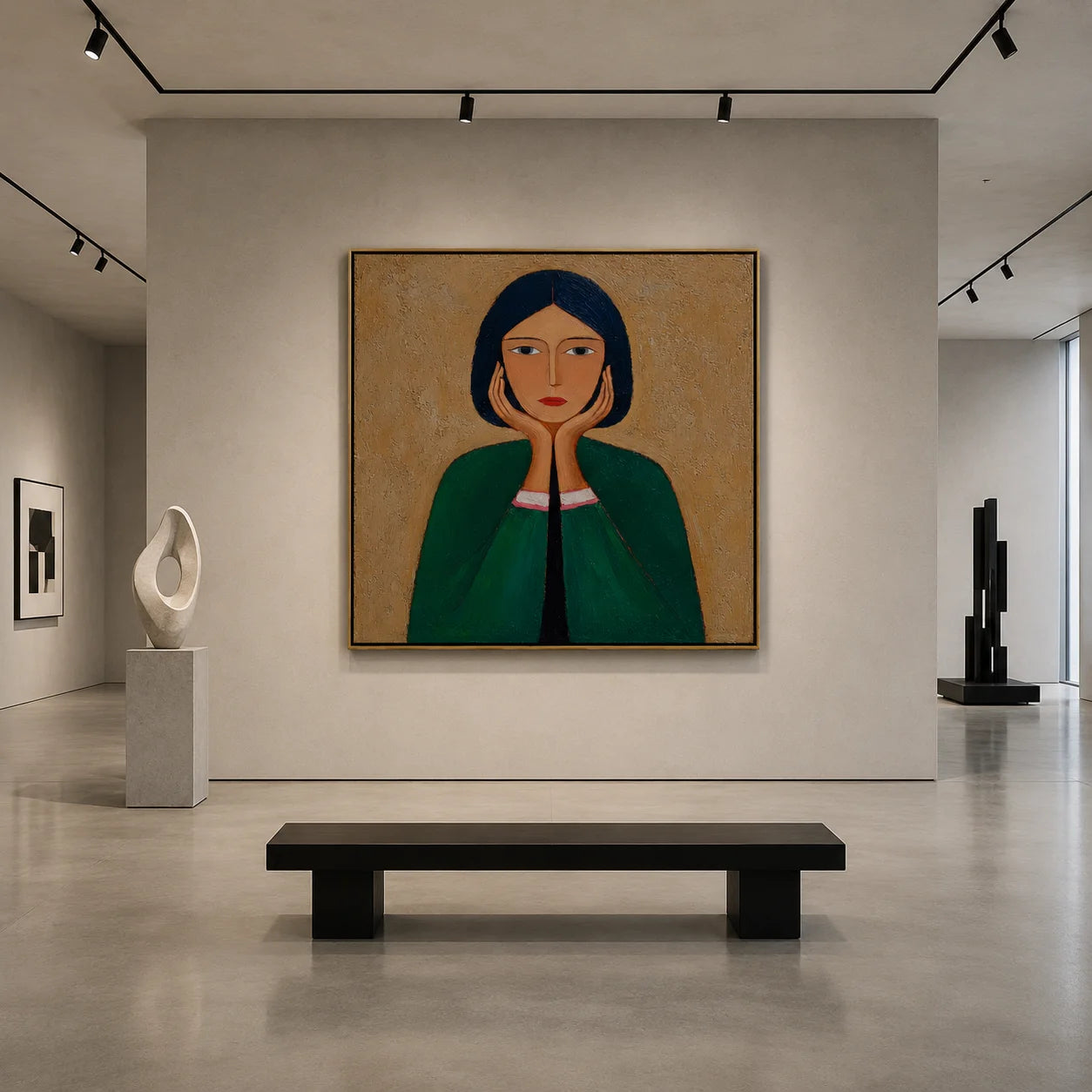 Green Cloak Girl Portrait Hand-Painted Oil Painting | Modern Abstract Figurative Wall Art with Textured Vintage Style #OA 1015