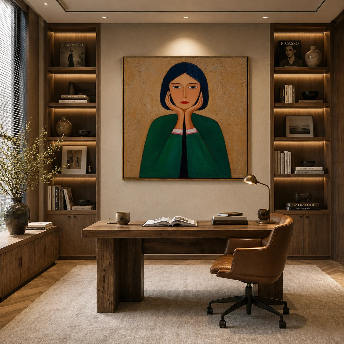 Green Cloak Girl Portrait Hand-Painted Oil Painting | Modern Abstract Figurative Wall Art with Textured Vintage Style #OA 1015