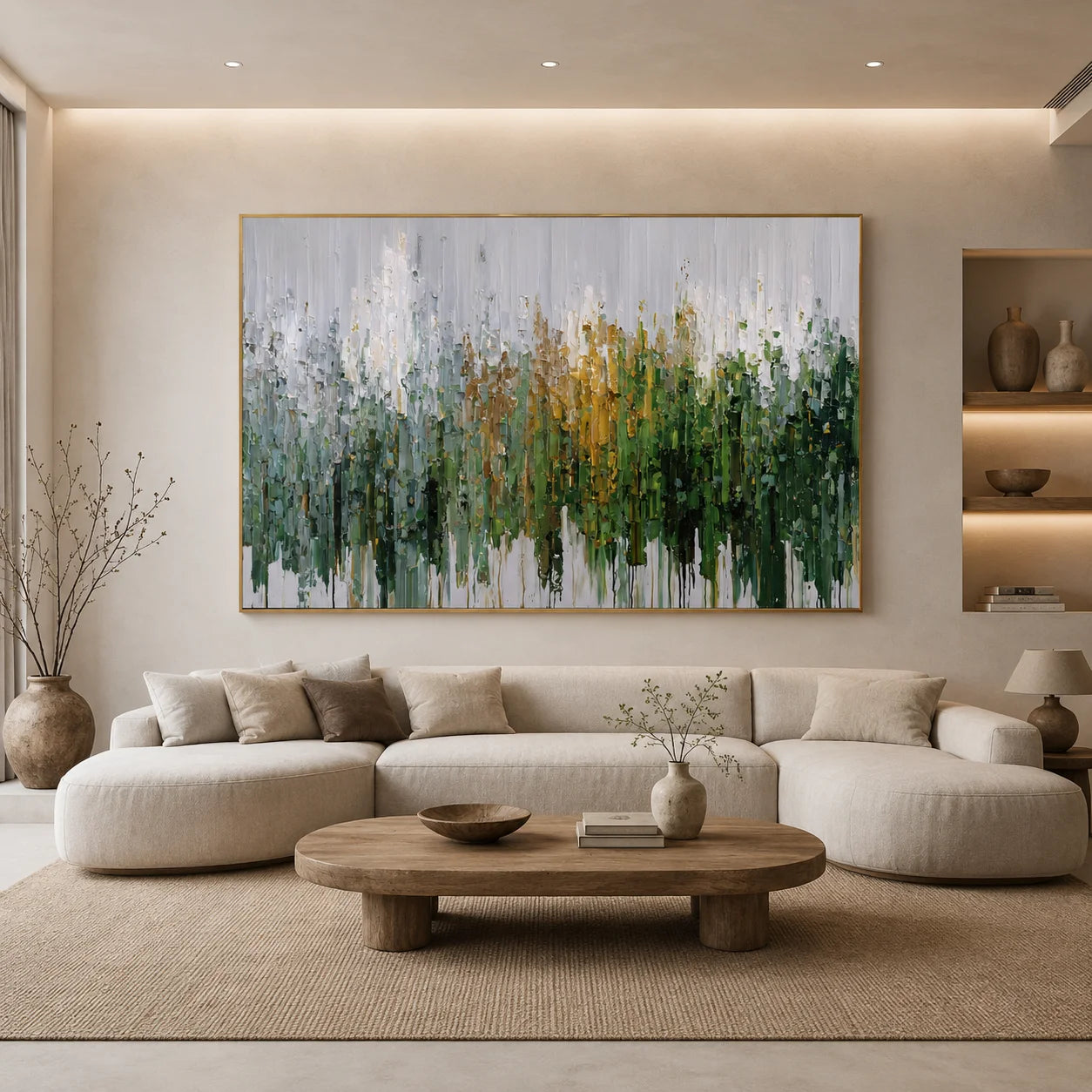 Green Gold Abstract Forest Hand-Painted Oil Painting, Modern Textured Landscape Wall Art # OA 1064