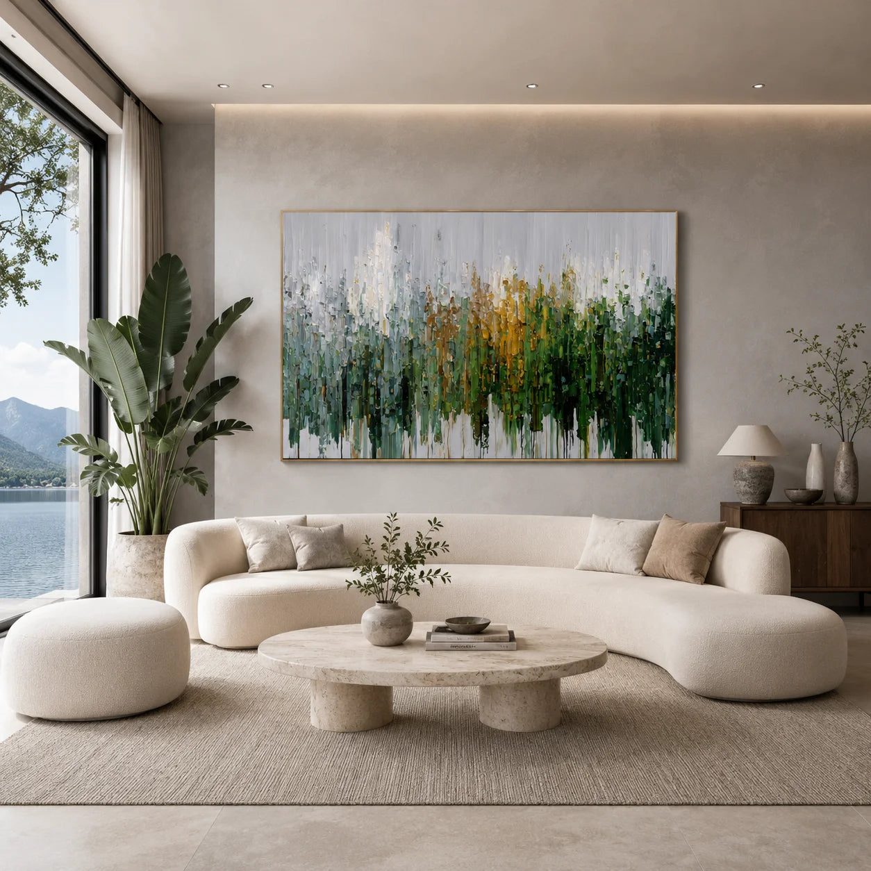 Green Gold Abstract Forest Hand-Painted Oil Painting, Modern Textured Landscape Wall Art # OA 1064