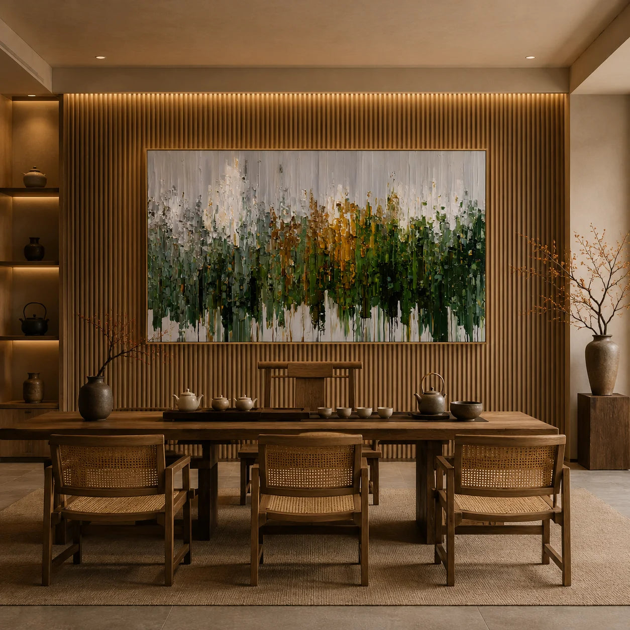 Green Gold Abstract Forest Hand-Painted Oil Painting, Modern Textured Landscape Wall Art # OA 1064