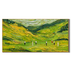 Ownanart Green Golf Course Landscape Hand-Painted Oil Painting – Abstract Valley Hills Impasto Golfers Panoramic Wall Art for Modern Home Decor # OA 1245