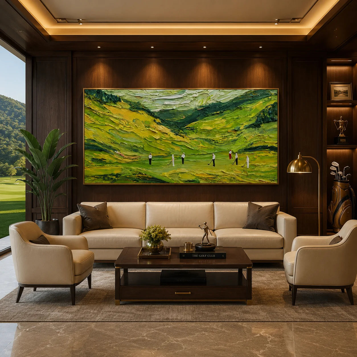 Ownanart Green Golf Course Landscape Hand-Painted Oil Painting – Abstract Valley Hills Impasto Golfers Panoramic Wall Art for Modern Home Decor # OA 1245
