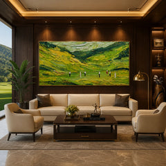 Green Golf Course Landscape Oil Painting – Abstract Valley Hills Impasto Golfers Panoramic Wall Art #OA 1245