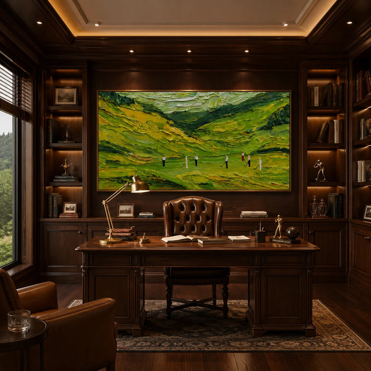 Ownanart Green Golf Course Landscape Hand-Painted Oil Painting – Abstract Valley Hills Impasto Golfers Panoramic Wall Art for Modern Home Decor # OA 1245