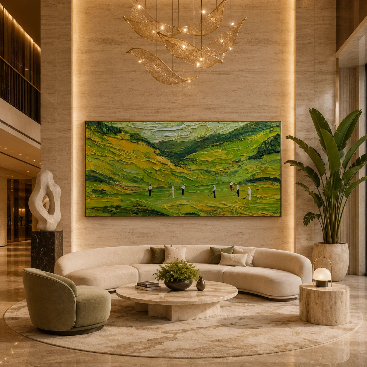 Ownanart Green Golf Course Landscape Hand-Painted Oil Painting – Abstract Valley Hills Impasto Golfers Panoramic Wall Art for Modern Home Decor # OA 1245