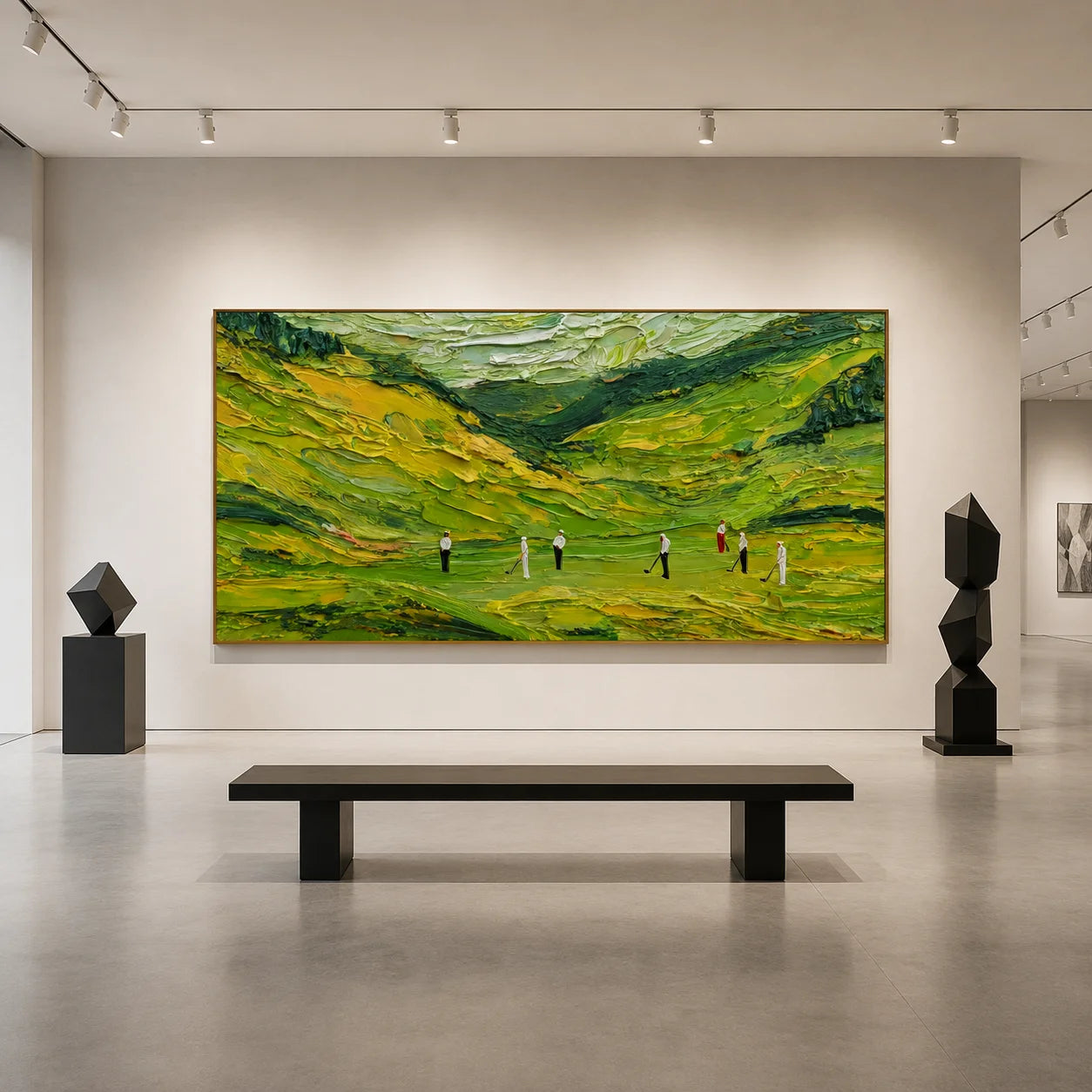 Ownanart Green Golf Course Landscape Hand-Painted Oil Painting – Abstract Valley Hills Impasto Golfers Panoramic Wall Art for Modern Home Decor # OA 1245