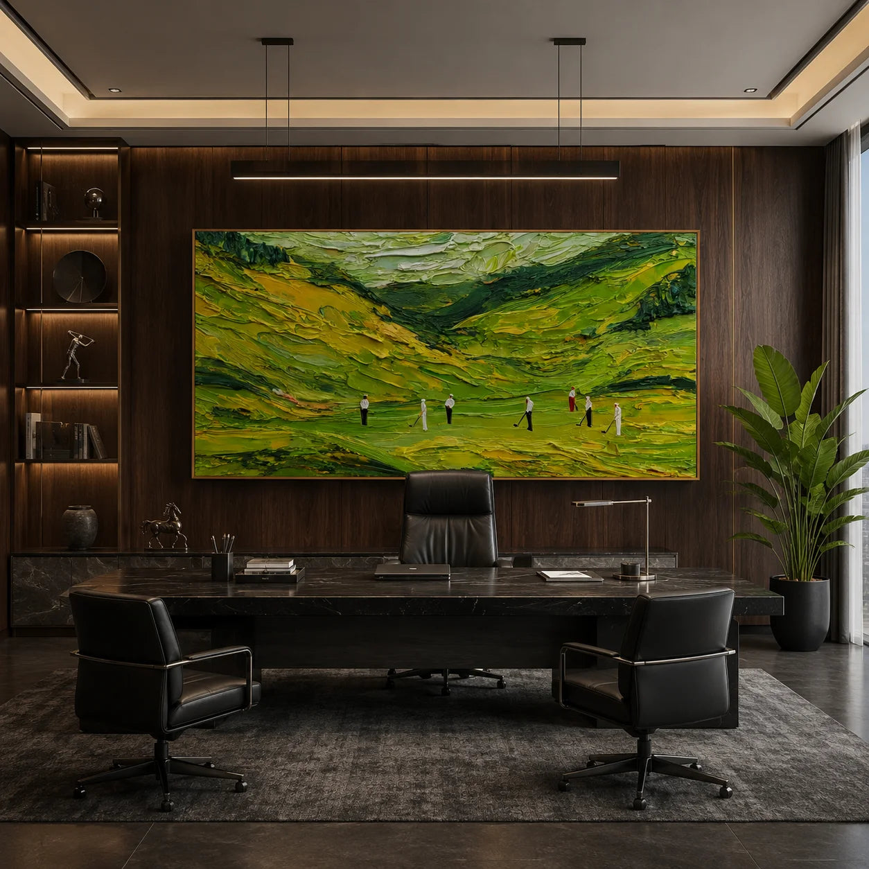 Ownanart Green Golf Course Landscape Hand-Painted Oil Painting – Abstract Valley Hills Impasto Golfers Panoramic Wall Art for Modern Home Decor # OA 1245