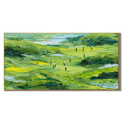 Ownanart Green Golf Course Landscape Hand-Painted Oil Painting – Textured Impasto Hills and Golfers Panoramic Wall Art # OA 1243