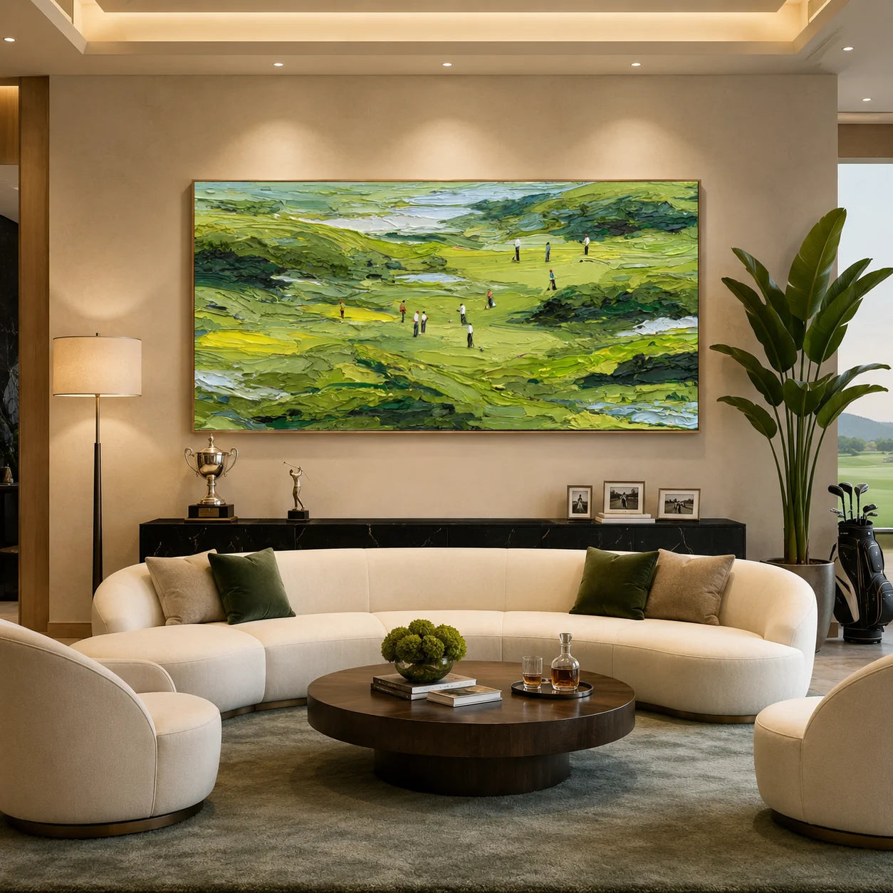 Ownanart Green Golf Course Landscape Hand-Painted Oil Painting – Textured Impasto Hills and Golfers Panoramic Wall Art # OA 1243
