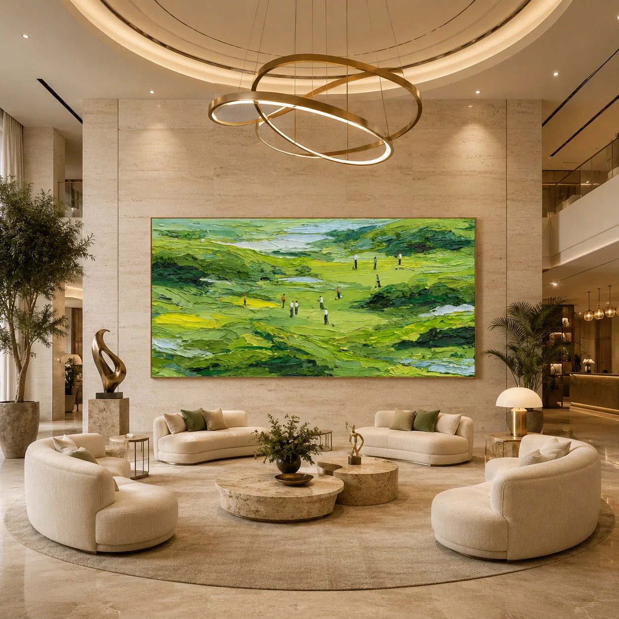 Ownanart Green Golf Course Landscape Hand-Painted Oil Painting – Textured Impasto Hills and Golfers Panoramic Wall Art # OA 1243