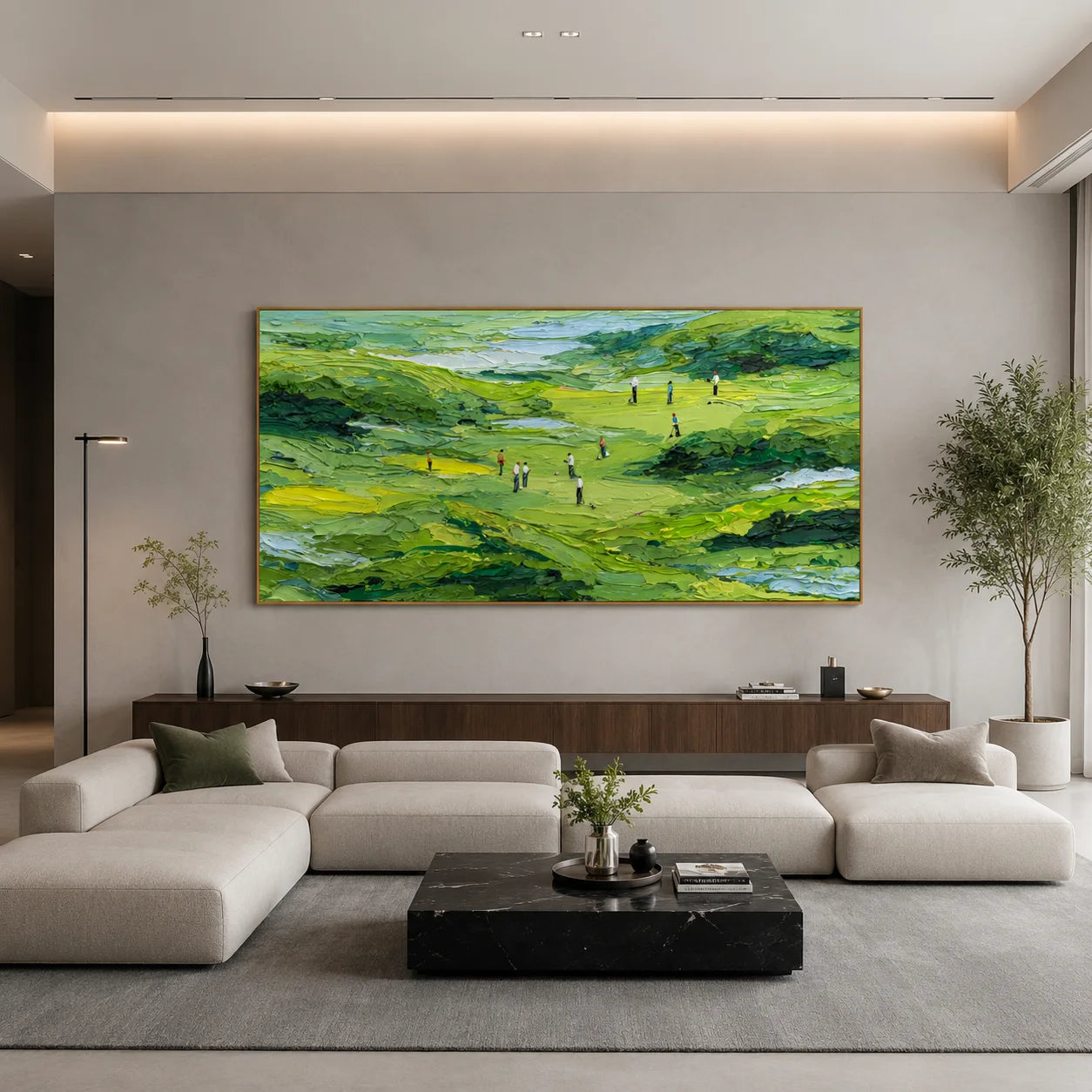 Ownanart Green Golf Course Landscape Hand-Painted Oil Painting – Textured Impasto Hills and Golfers Panoramic Wall Art # OA 1243
