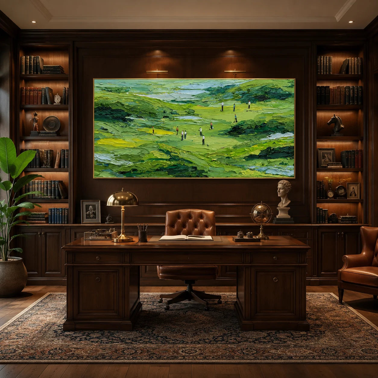 Ownanart Green Golf Course Landscape Hand-Painted Oil Painting – Textured Impasto Hills and Golfers Panoramic Wall Art # OA 1243