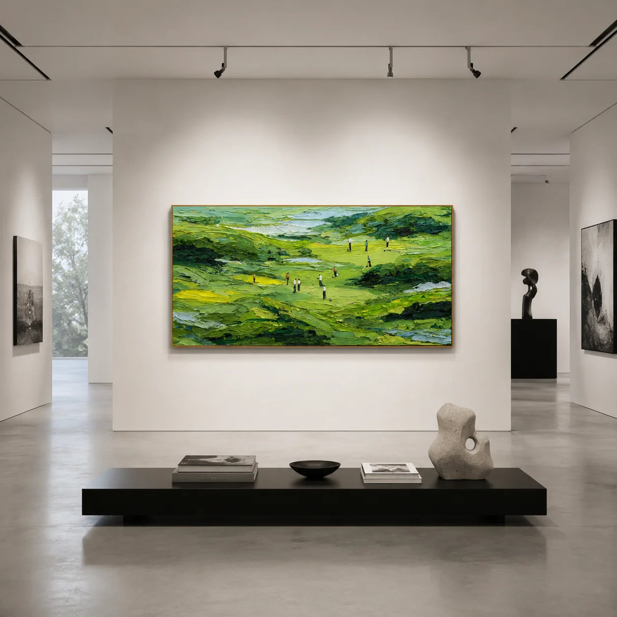 Ownanart Green Golf Course Landscape Hand-Painted Oil Painting – Textured Impasto Hills and Golfers Panoramic Wall Art # OA 1243
