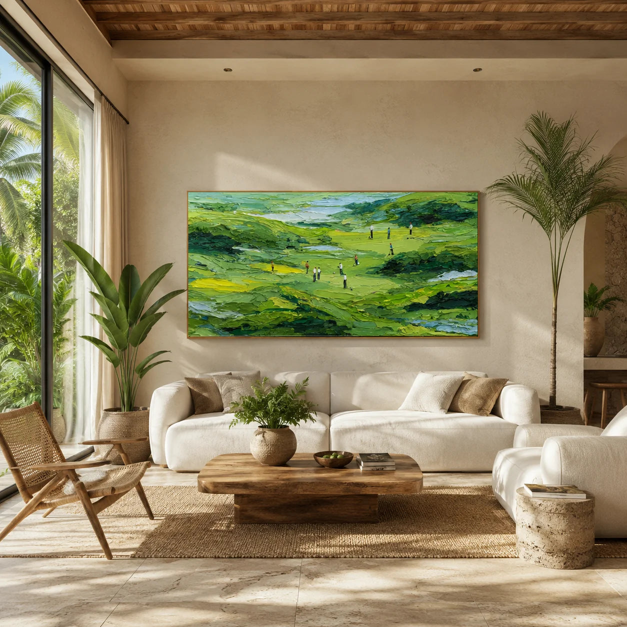 Ownanart Green Golf Course Landscape Hand-Painted Oil Painting – Textured Impasto Hills and Golfers Panoramic Wall Art # OA 1243