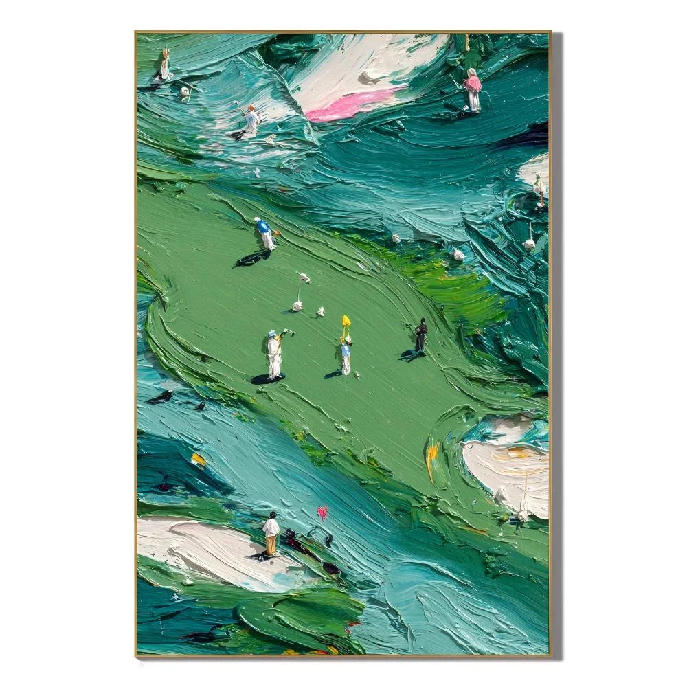 Green Golf Course Landscape Hand-Painted Oil Painting | Textured Palette Knife Golfers Sports Wall Art for Living Room, Office and Clubhouse