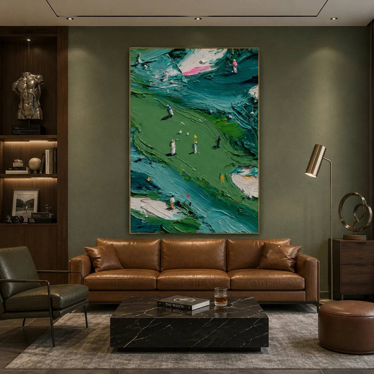 Green Golf Course Landscape Hand-Painted Oil Painting | Textured Palette Knife Golfers Sports Wall Art for Living Room, Office and Clubhouse