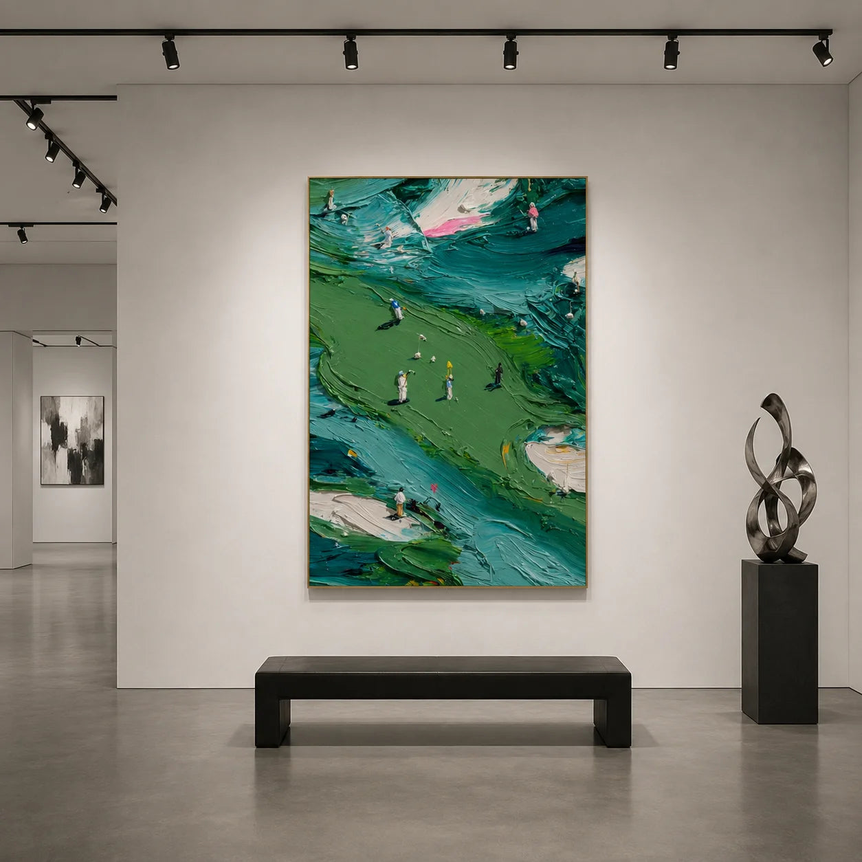 Green Golf Course Landscape Hand-Painted Oil Painting | Textured Palette Knife Golfers Sports Wall Art for Living Room, Office and Clubhouse